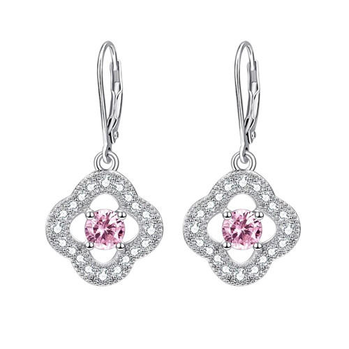 Latest collection fashion women accessories 925 solid sterling silver drop earrings pink crystal CZ flower earrings